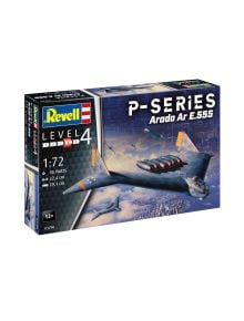 Кутията на Revell Сглобяем модел Бомбардировач Arado AR-555, Level 4, мащаб 1:72, показва летящ крило футуристичен самолет над града, с информация за части и размер.