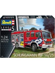 Капак на кутията за сглобяем модел Revell - Пожарникарски камион Шлингман TLF 16-25 с илюстрация на пожарния автомобил в мащаб 1:24, отворени отделения и оборудване. Комплектът съдържа 228 части.
