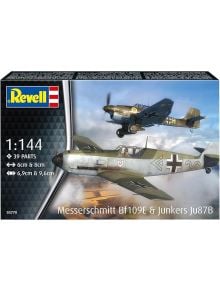 Картинката на кутията на сглобяем модел Revell - самолети Месершпмит BF109E и Юнкер JU87B Stuka показва двата летящи германски самолета от Втората световна война, като се виждат подробности за продукта и лога.