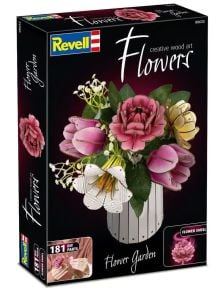 В кутията на комплекта на Revell за "Сглобяем модел Revell - Цветна градина, 181 части" е показан декоративен букет за сглобяване в бяла саксия, като на опаковката са изписани "Цветя", "Цветна градина", 181 части "Направи си сам" и прекрасният аромат на ц