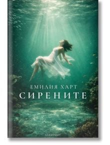 Жена в бяла рокля се носи под вода сред лъчи светлина и корали. На корицата на книгата „Сирените“ е изписан текст на кирилица, който подчертава, че това е „мистериозен роман“ и засяга теми, свързани със „сестринството“.