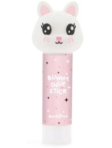Сухо лепило Miquelrius Back2Fun Bunny е розово лепило с капачка с лице на зайче - големи очи, розови бузи, уши - и етикет с надпис "Bunny Glue Stick" с бели звезди и "Back 2 Fun" в долната част.
