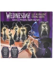 Кутия с LED лампички "Светещ гирлянд Blue Sky Wednesday - Dance Pose" с малки висящи фигурки на Сряда в черна рокля. На опаковката е показана информация за продукта и силует на Сряда в долния десен ъгъл.