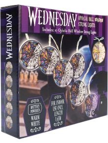 Кутия със Светещ гирлянд Blue Sky Wednesday - Ophelia Hall Window, вдъхновен от сряда, с LED светлини в стил витраж. Захранване с батерии, топло бяло, дължина 1,65 м. Само за употреба на закрито.