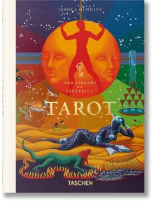 Корицата на "Таро": Таро: Библиотека на езотериката показва сюрреалистично изкуство, вдъхновено от гадаенето, включващо две големи оранжеви лица, осветена от слънцето фигура с разперени ръце, течаща вода и абстрактни елементи, отразяващи традициите на Тар