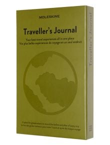 Зелена кутия за дневник Moleskine Passion Travel Journal с илюстрация на земното кълбо и двуезичен текст на английски и френски език за записване на преживявания по време на пътуване, налична в книжарница Orange.