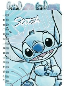 Тетрадка Lilo &amp; Stitch (тетрадка A5) със синя корица с илюстриран Stitch. От горната част на корицата надничат три разделителя във формата на Stitch - предлагат се в книжарница Orange.