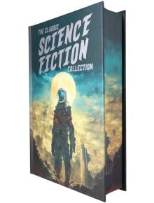 Колекцията "Класическа научна фантастика" е илюстрована книга с твърди корици с астронавт във футуристичен костюм, светеща планета и мъглив градски пейзаж - идеална за почитателите на вечните научнофантастични разкази.