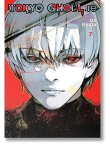 Корица на „Tokyo Ghoul: re“, том 7, от Суи Ишида, на която е изобразен близък план на персонаж с бели коси, пронизващи червени очи и сериозно изражение, което подсказва за неговите внушителни способности като гул, а в горната част е изписано заглавието с 