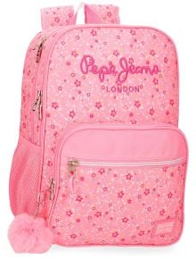 Pepe Jeans Alenka Pink ученическа раница има флорален десен, предни и странични джобове с цип, мрежест страничен джоб и розов пухкав ключодържател с помпон за допълнителен чар. Предлага се в книжарница Orange.