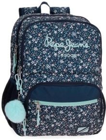Тъмносиня ученическа раница Pepe Jeans с малки бели и розови флорални мотиви, ментови ципове, пухкав светлосин ключодържател и бродирано лого Pepe Jeans London на предния джоб - предлага се в книжарница Orange.
