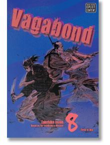 На корицата на Vagabond Vol. 8 са изобразени двама самураи с извадени мечове на лилав фон. Поредицата проследява историята на Миямото Мусаши, а заглавието "Vagabond" е изписано с големи, дръзки червени букви в горната част.