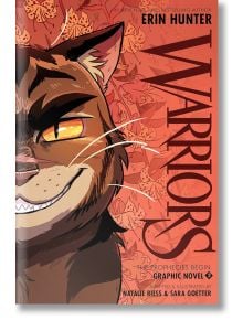 Корица на книгата Warriors Graphic Novel: 3 от Ерин Хънтър, на която е изобразена свирепа кафява котка с жълти очи на червен фон; идеална за феновете на поредицата "Котките воини".