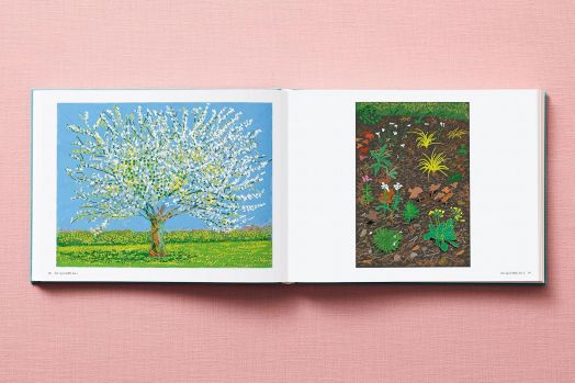 Отворената книга на художника Дейвид Хокни 220 за 2020 г. лежи върху розова повърхност и показва бяло цъфтящо дърво в зелено поле на лявата страница и малки растения, покълнали в почвата на дясната.-3