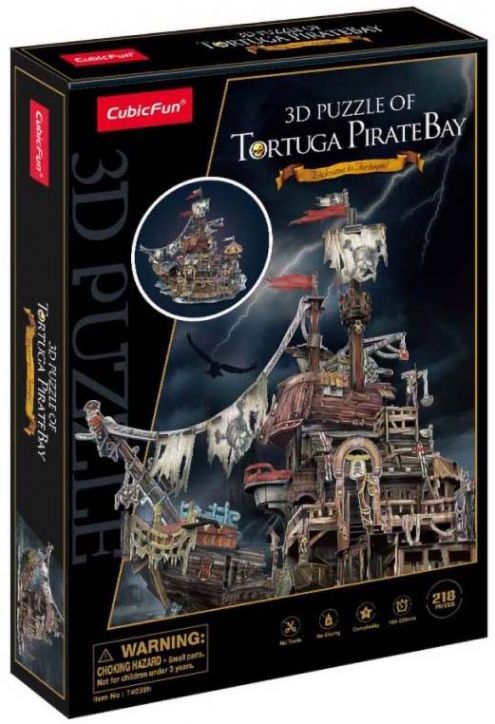 Изображението показва кутията за 3D пъзел Cubic Fun - Пиратски кораб Тортуга, 218 части, на която е изобразена подробна сцена с пиратски кораб и е посочено, че не е подходящ за деца под 3 години.-1