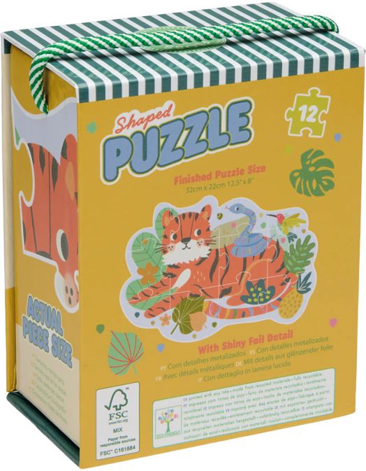 Пъзел Floss & Rock, Jungle - Зоологическа градина, 12 части: кутия с илюстрация на оранжев тигър и синя замия сред джунгла, със зеленорае покрив и зелена дръжка.-2