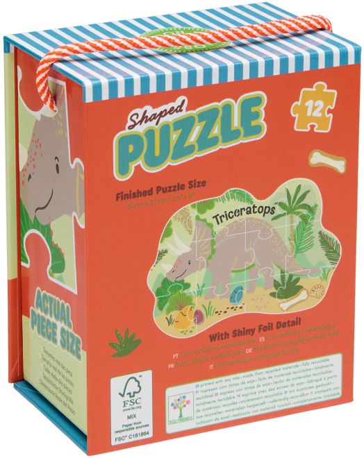 Пъзел Floss & Rock, Dino - Динозаври, 12 части се предлага в цветна оранжева кутия с листни детайли, въжена дръжка, блестящи фолийни акценти и изобразява трицератопс. Големината на готовия пъзел е подчертана върху опаковката.-1