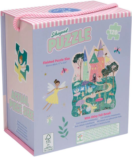 Пастелната кутия на Пъзел Floss & Rock, Enchanted - Замък, 120 части съдържа феи, замък, горски същества, дръжка от розово въже, акценти от блестящо фолио и мостра - идеална за младите пъзелисти.-2