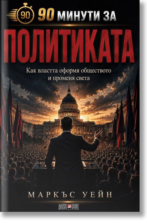 На корицата на политическата книга на български език, озаглавена „90 минути за политиката“ от Маркъс Уейн, е изобразен мъж, който се обръща към тълпата пред правителствена сграда, украсена със знамена.-2