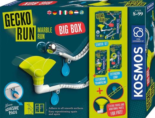 Детска игра Kosmos - Gecko Run Big Box включва гъвкави писти, сини и зелени мраморни трасета за деца 8-99 г., Самозалепващи се подложки и изображения на стартовия комплект и разширенията мраморна писта върху опаковката.-1