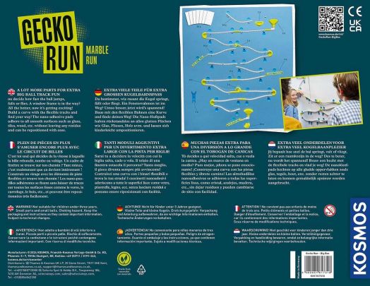 Изображението показва гърба на голяма кутия на Детска игра Kosmos - Gecko Run, със снимка на мраморна писта, поставена на стена, описателен текст на различни езици, предупреждения за безопасност и логото на Kosmos вдясно.-6