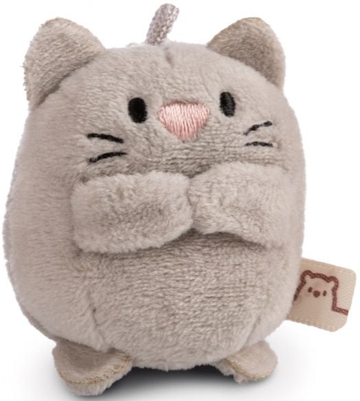 Малка, кръгла, светлосива Nici Mymochi Minis плюшена играчка, наподобяваща котка с пришити мустаци, розово носле, малки ушички и етикет от плат с проста илюстрация на котка - предлага се в книжарница Orange.-1