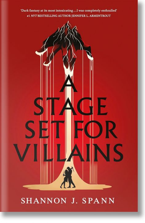 Корица на книгата "Сцена за злодеи": тъмночервени нюанси, черна ръка, прокълната от Играч, манипулира конците на марионетки над два силуета. Смелият, драматичен текст допълва зловещото театрално усещане.-1