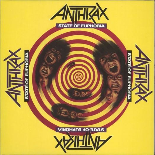 Обложка на албума Anthrax - State of Euphoria 30th Anniversary Edition (2 VINYL): червени спирали върху жълти, изкривени лица, които се въртят навътре, с името на групата и заглавието, заобикалящи ръба - подходяща визия за тази траш метъл класика.-1