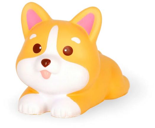 Legami Антистрес фигурка - Корги е сладка, изработена в анимационен стил плюшена играчка с оранжево-бяла козина, големи кръгли очи, розови уши, малко черно носле и изплезен език, докато лежи с предните лапи напред.-1