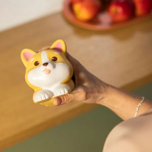 Човек държи Антистрес фигурка Legami - Corgi, симпатична кръгла керамична фигурка, оформена като кафяво и бяло куче корги, с размазани ябълки на заден план.-4