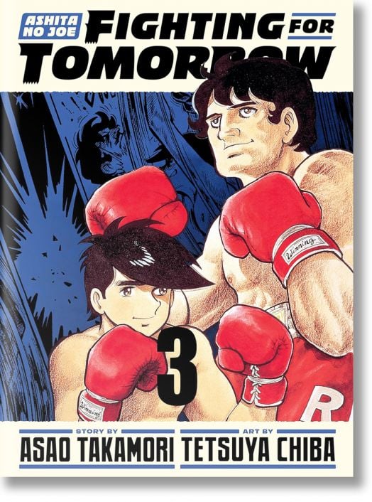 Двама боксьори с червени ръкавици са готови на корицата на Ashita no Joe: 3, вдъхновена от оригиналната манга. Имената на Асао Такамори и Тецуя Чиба се появяват под удебелен текст на фона на сини сенки.
