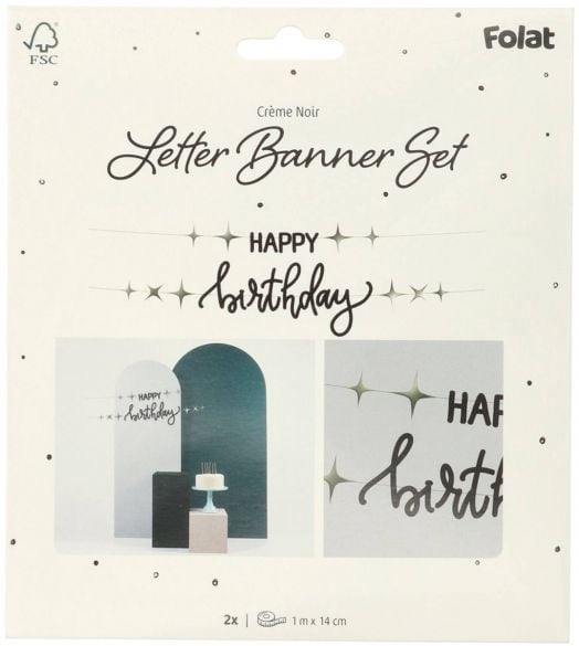 Опаковката на Банер с надпис Happy Birthday Folat - Crème Noir, украсена с надпис и звездички, включва две снимки, на които се вижда декоративен банер като партиса украса за рожден ден.-2