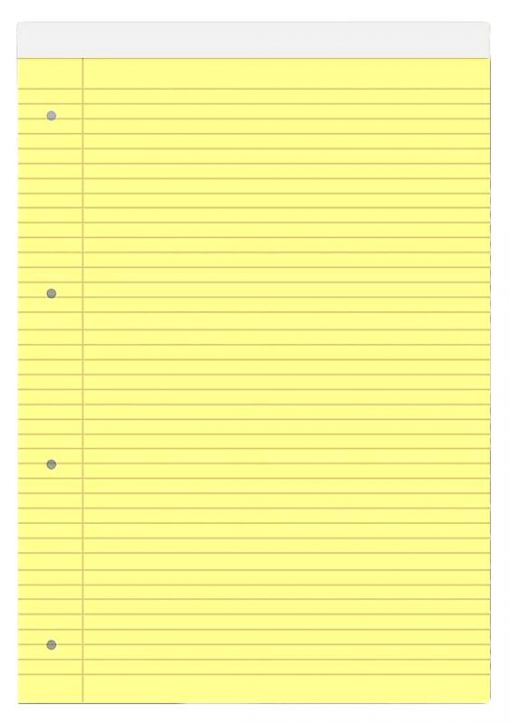 A Блокнот А4 размер с 40 цветни листа на широки редове: включва жълти страници със сини линии, розово поле отляво, четворна перфорация по ръба и празни листове.-1