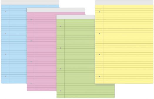 Блокнот А4 с 40 цветни листа на широки редове - в синьо, розово, зелено и жълто, с четворна перфорация и бял кант отгоре на всеки лист.-2