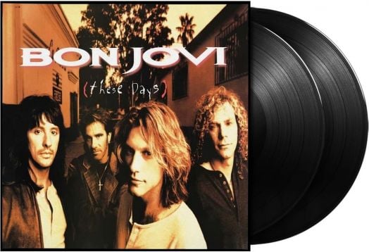 На обложката на Bon Jovi - These Days (2 VINYL) са изобразени четиримата членове на групата на открито със заглавието на албума над тях и две черни винилови плочи, които се виждат частично до обложката.