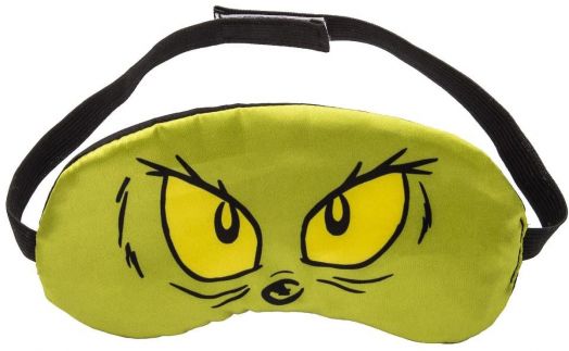 Зелена маска за сън с жълти заплашителни очи и намръщени вежди като на Гринч, с черна ластична каишка-идеален коледен подарък от комплекта "Бутилка за гореща вода и маска за сън Fizz Creations - The Grinch".-3
