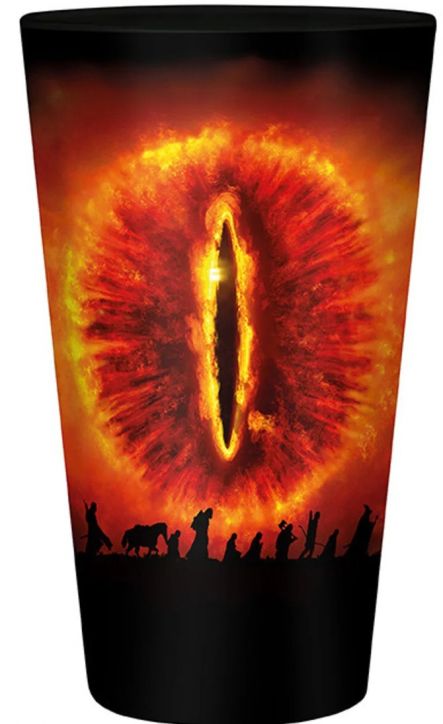 Стъклената чаша ABYstyle Властелинът на пръстените - Саурон, 400 мл, показва Огненото око на Саурон и силуетите на Братството - страхотен избор за почитателите на Средната земя.-1