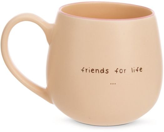 Бежова чаша за кафе Чаша Nici Mymochi с извита дръжка и надпис "Friends for life" (Приятели за цял живот), отпечатан с малки букви отстрани. Предлага се с бърза доставка от книжарница Orange.-2