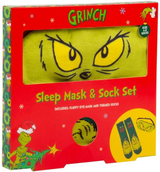 Празничен червен комплект "Чорапи и маска за сън Fizz Creations - The Grinch" съдържа меки чорапи и маска с очите на Гринч в кутия с празнични илюстрации - идеален подарък за Коледа.-7