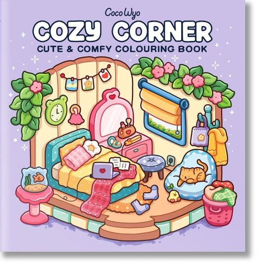 Илюстрация на уютна спалня с ръчно нарисувани страници за оцветяване, изобразяващи легло, книги, котка на стол и растения. Цветната стая е сладка и удобна. Текст върху изображението: "Уютен кът за оцветяване.-1