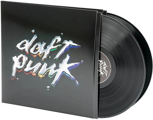 Daft Punk - Discovery (2 VINYL) е 180-грамов електронен албум с черна обложка, на която е изобразено лъскавото, стилизирано лого на Daft Punk в сребристо и дъга. Двете черни винилови плочи се виждат частично извън ръкава.