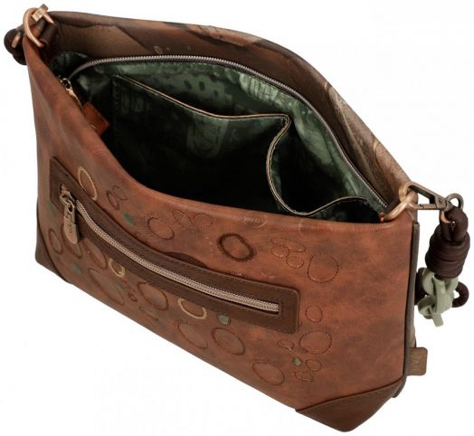 Дамска чанта Anekke Core (29 х 19 х 12 см) е изработена от кафява изкуствена кожа с релефна кръгла шарка, външен джоб с цип и отворена горна част, разкриваща зелен интериор с вътрешни джобове.-5