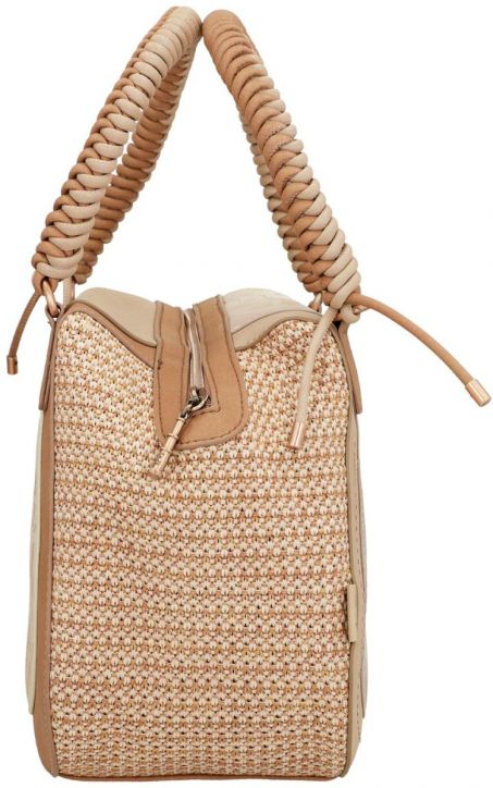 Бежово-синьо дамска чанта Anekke Memories 31 x 25 x 16 см с дебела плетена дръжка, кожени акценти и закопчаване с цип е показана отстрани на бял фон.-6