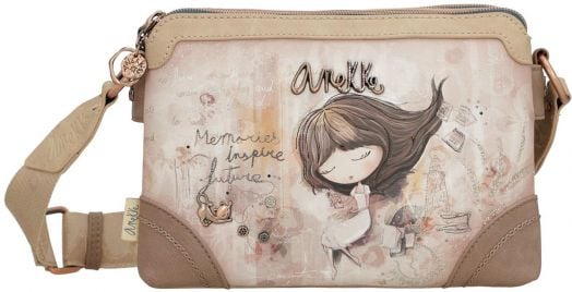 Бежово-кафява дамска чанта Anekke Memories за през рамо (24x16x8 см) със среден размер, илюстрация на момиче с кестенява коса, вдъхновяващи надписи, коте и забавни мотиви отпред.-1