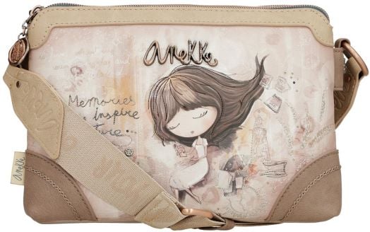 Дамска чанта Anekke Memories за през рамо 24 x 16 x 8 см, в бежово и розово, със забавна илюстрация на момиче с кафява коса и затворени очи, декоративни шевове и надпис "Анеке", вдъхновена от спомени.-3
