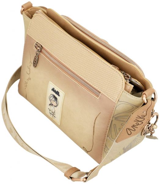 Дамска чанта Anekke Memories за през рамо (28x20x8 см) в бежово и кафяво, с декоративни шевове, ципове и преден пач. Презрамката е с лого и листен мотив; няколко отделения осигуряват подредено съхранение.-6