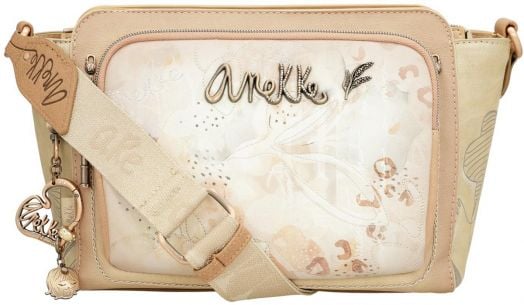 Дамска чанта Anekke Memories за през рамо 28 x 20 x 8 см, в бежово, с регулируема презрамка, метален надпис Anekke, ключодържател с висулки и артистични мотиви.-3