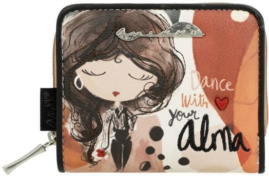 Дамски портфейл Anekke Alma 10 x 9 x 2 см с илюстрация на жена с тъмна коса, затворени очи, червено сърце и надпис "Dance with your Alma", плюс RFID защита за сигурност.-2
