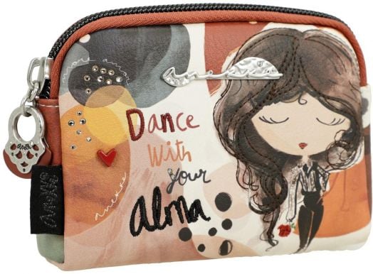 Дамски портфейл Anekke Alma 12 x 9 x 3 см, с илюстрирано момиче, абстрактни форми и надпис "Dance with your alma". Разполагам с декоративен цип, метални елементи и сърце в топли земни цветове.-1