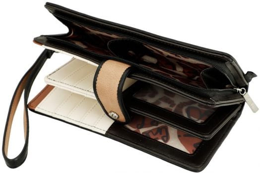 Дамски портфейл Anekke Alma 18 x 10 x 3 см, в черно и бежово, с множество отделения, слотове за карти, RFID защита, прозрачен джоб за документи и декоративна подплата-отворен за да покаже подредения интериор.-7